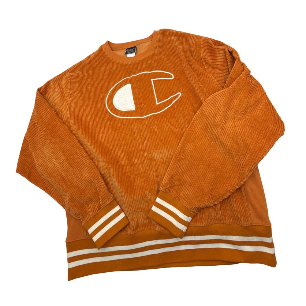 Champion Reverse Weave Corduroy Crewneck Sweatshirt Orange Big Logo XL